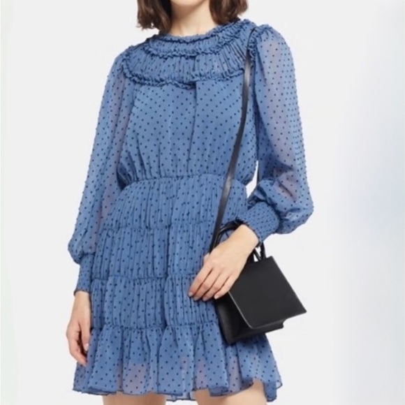 NWT Sandro Paris Gwen Swiss Dot Ruffle Long Sleeve Dress - Picture 1 of 11